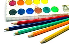 Water Color Palette And Color Pencils Royalty Free Stock Image Water Color Palette And Color Pencils Royalty Free Stock Image