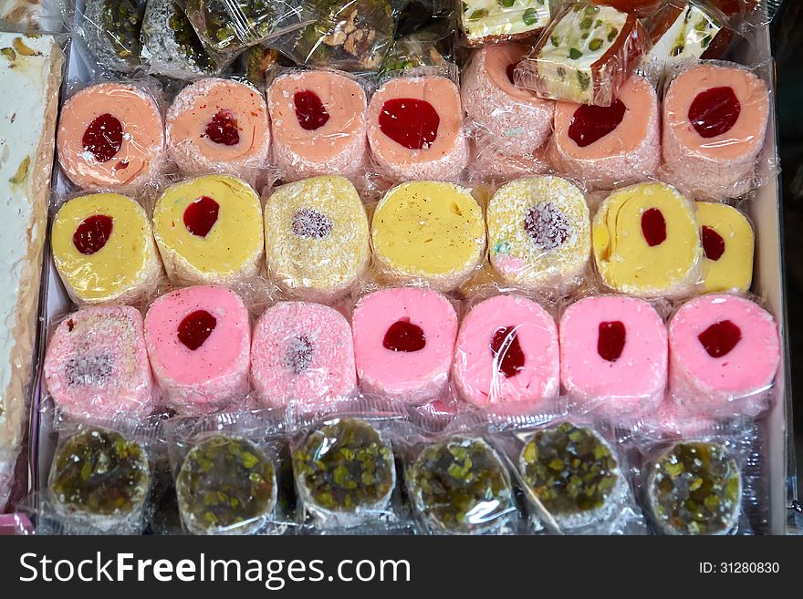 Wide selection of Oriental Arabic sweets in the market
