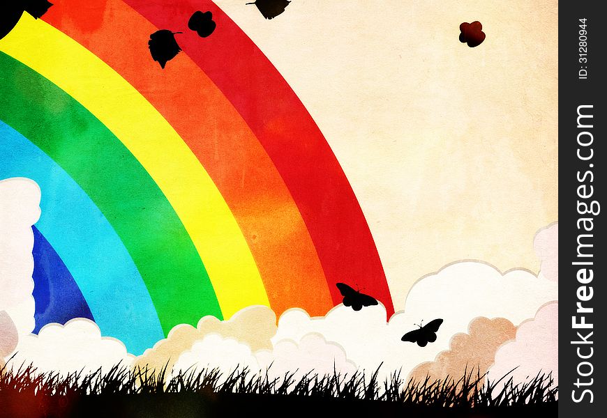 Silhouette of grass and butterflies over grunge background with rainbow and clouds. Silhouette of grass and butterflies over grunge background with rainbow and clouds.