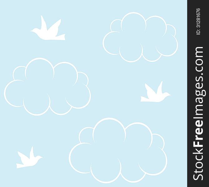 Seamless background with white birds, cloud and blue sky