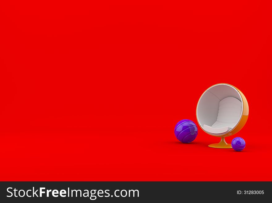 High-tech ball-chair with Futuristic glossy spheres on a red background