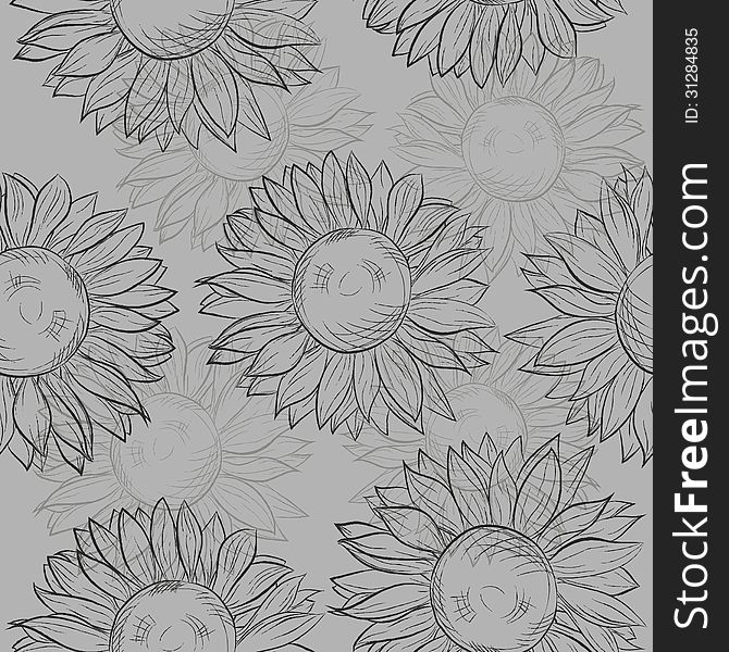 Cute seamless pattern with sunflowers. Abstract gray, black and white.