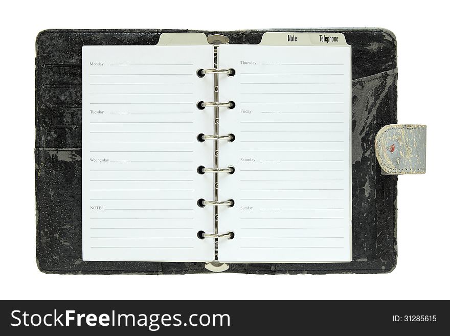 Old notebook open isolated on white background with clipping path