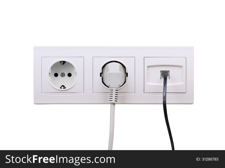 Electric and internet outlets on on a white background, electric cable and internet. Electric and internet outlets on on a white background, electric cable and internet