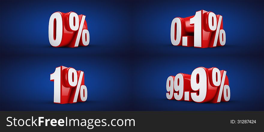 Set of percent numbers for purity, sales and discounts, red and white numbers over blue background. Set of percent numbers for purity, sales and discounts, red and white numbers over blue background