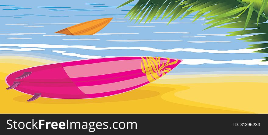 Surf boards on the seascape with palm tree. Illustration