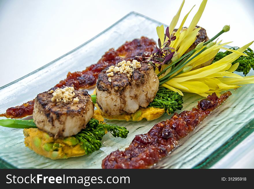 This is a high end scallops dish for a very nice dinner. with asparagus