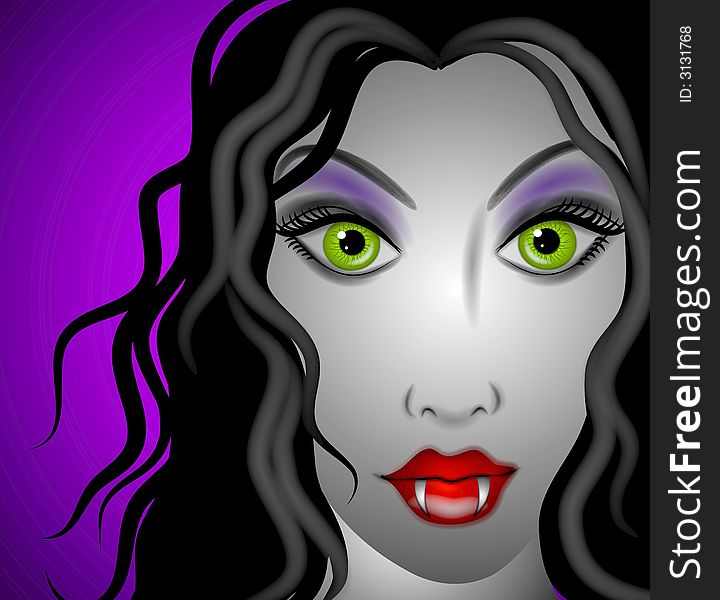 A clip art illustration of a female vampire with long black flowing hair, green evil eyes, red lips and fangs. A clip art illustration of a female vampire with long black flowing hair, green evil eyes, red lips and fangs