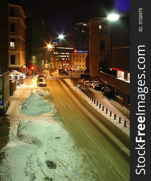 Night scene of a norvegian street on wintertime. Night scene of a norvegian street on wintertime