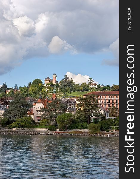 Fine coast of lake Leman from the floating steam-ship. Fine coast of lake Leman from the floating steam-ship