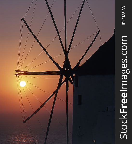 Windmill, Santorini sunset, Cyclades, Greece