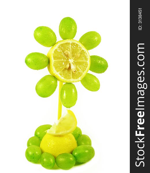 Creative food: fruits flower abstract compositon on white background. Creative food: fruits flower abstract compositon on white background