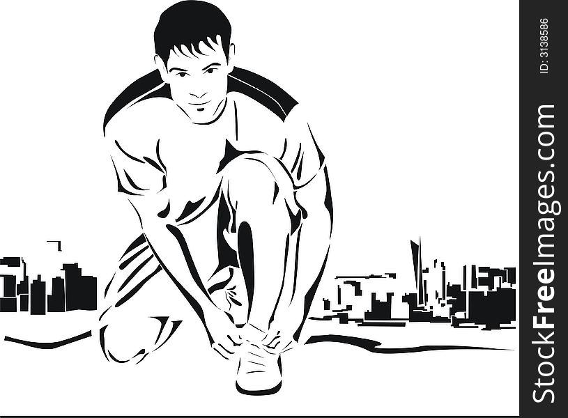 Black and white illustration. Young man is running in city. Yuong man is making pause.