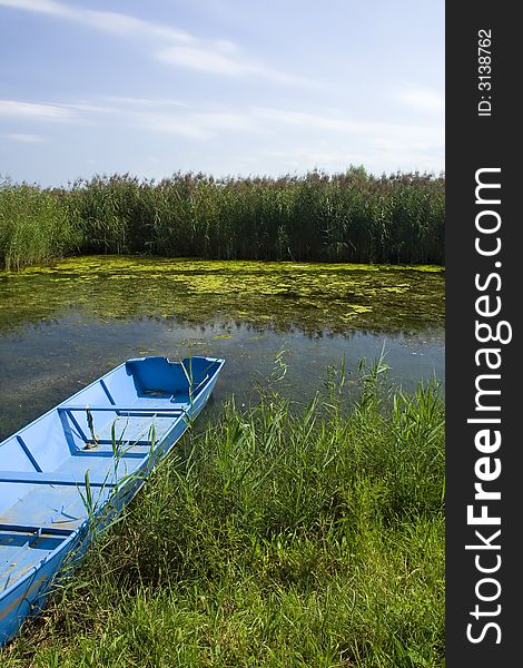 Boat detail in pond, River Drava, Croatia