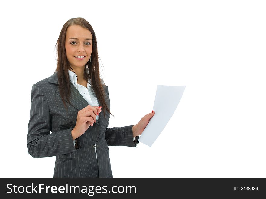 Business woman keeps sheet on white background