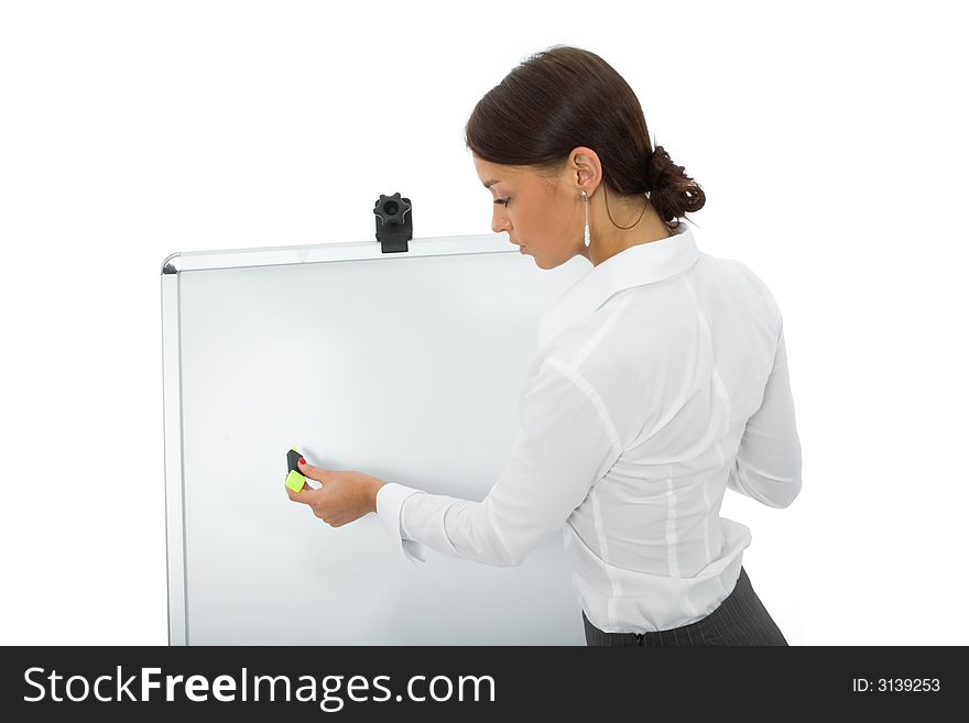 Business woman and laptop on white background