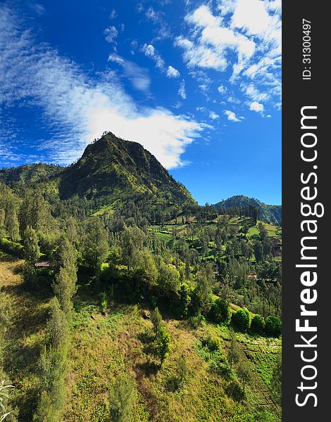 Summer landscape in high mountains and the blue sky with clouds in Bromo area