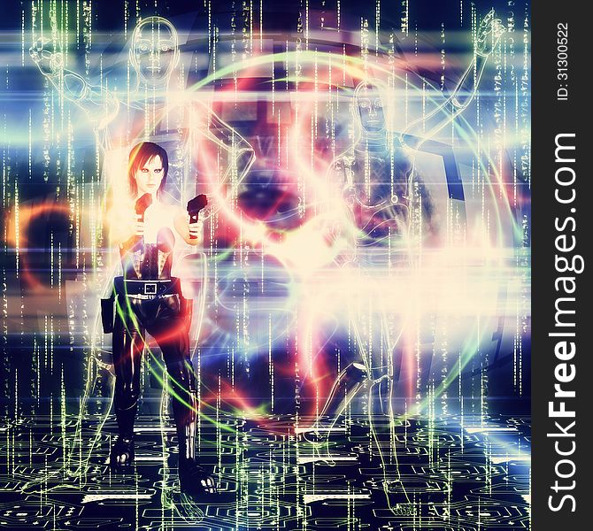 Abstract futuristic background with a shooting 3d woman in black. Abstract futuristic background with a shooting 3d woman in black.