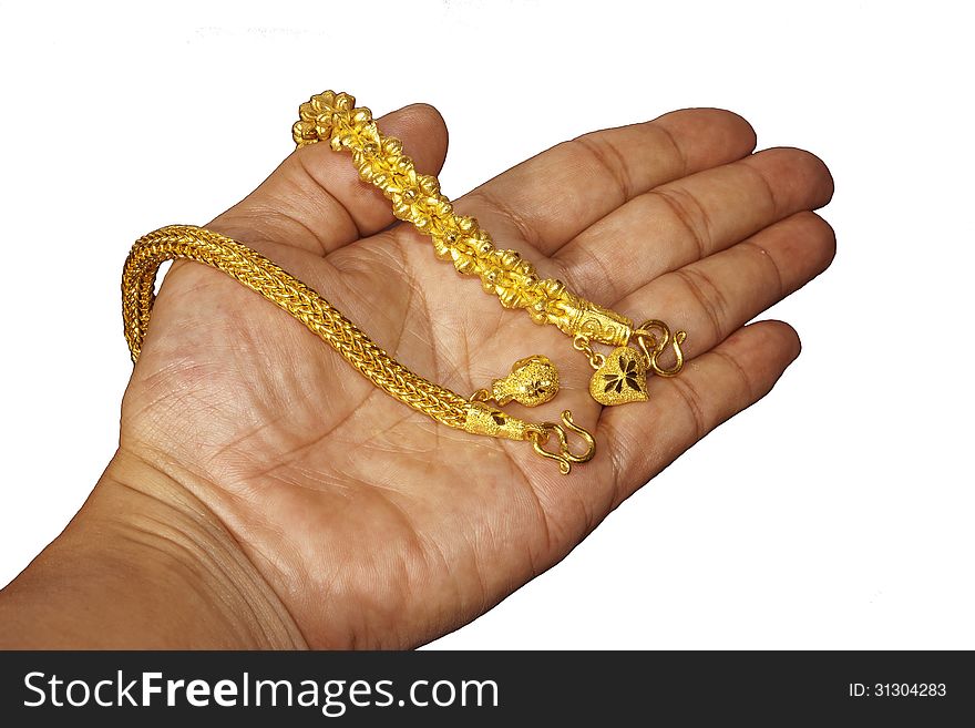 Isolated 2 gold bracelets on hand.