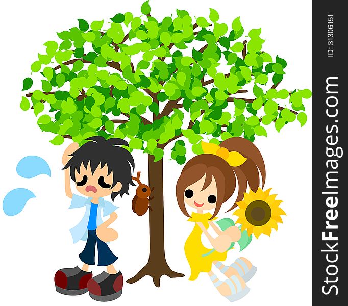 A boy and girl resting in the shade of a tree in a hot day. A boy and girl resting in the shade of a tree in a hot day.