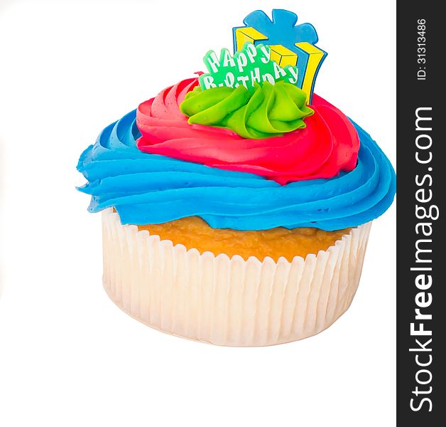 Happy Birthday cupcake on a white background