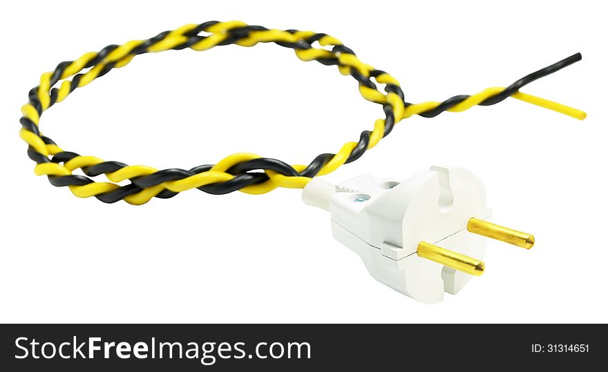 Electric plug with yellow-black wire, twisted the ring, isolated on white background. Electric plug with yellow-black wire, twisted the ring, isolated on white background