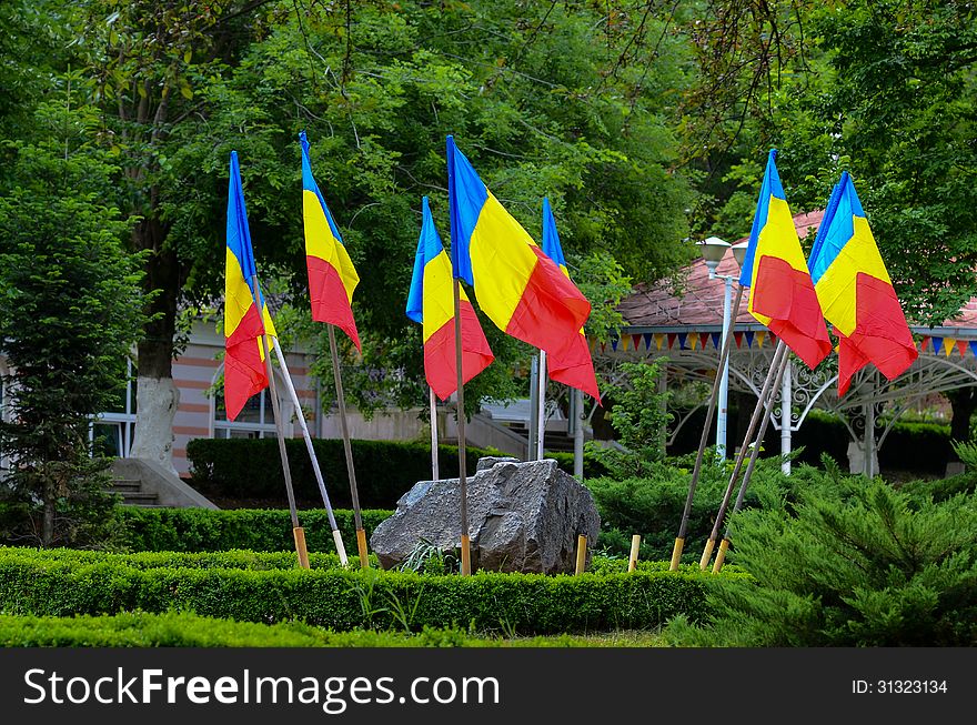 Romanian flags in a park