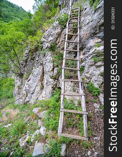 Old wood stairs in the mountains used by people from villages in the Carpathians.