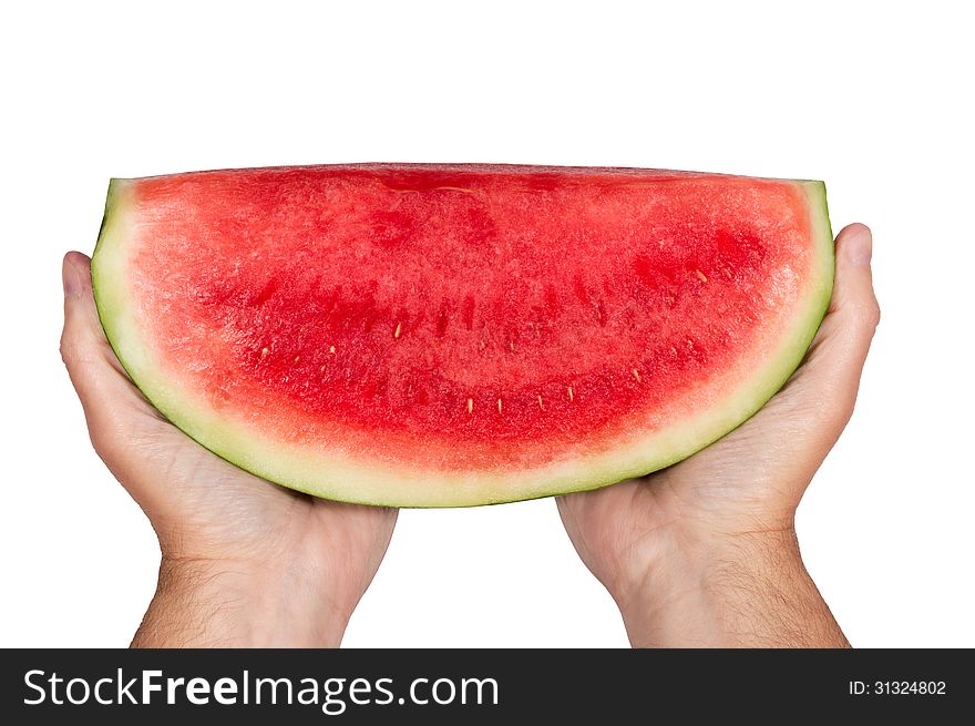 Fresh cold watermelon ready to eat. Horizontal shot and isolated on a white background.