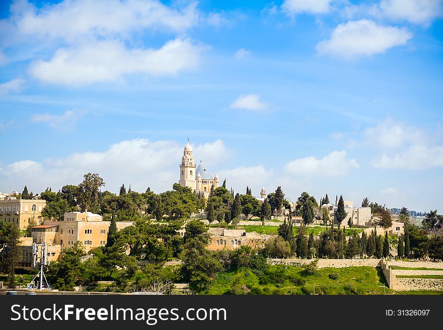 View on the Dormition Abbey and old city of Jerusalem