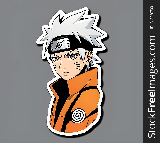 This Sticker Features A Popular Anime Character With Spiky White Hair And An Orange Outfit. The Character’s Face Is Intentionally