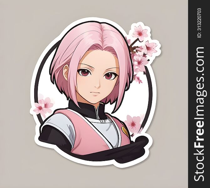 This sticker features a character with pink hair, adorned in a black and white warrior outfit with pink accents. The character�s face is intentionally obscured, adding an element of mystery. The background is filled with beautiful cherry blossoms, adding a touch of nature and beauty to the image. The entire sticker is outlined with a thick black line, giving it a defined border.