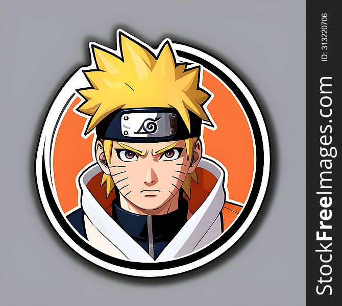 This vibrant sticker features an anime character with spiky yellow hair and a headband with a metal plate. The character, dressed in an orange and black outfit with a white collar, is taking a selfie, with the smartphone obscuring the face. The background consists of concentric circles in black and orange, creating a dynamic effect. The entire sticker is outlined by two bold black lines, adding contrast to the design.
