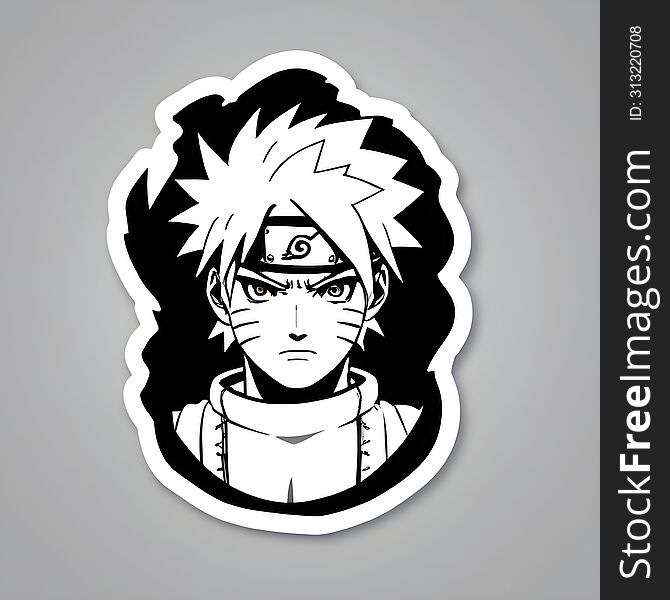 This Sticker Features A Black And White Silhouette Of An Anime Character With Distinct Spiky Hair And A Collared Outfit. The Chara