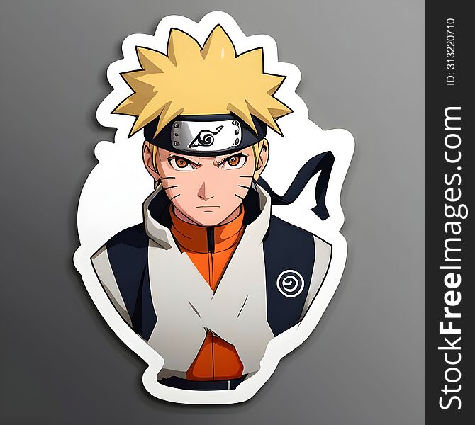 This sticker features an anime character with spiky blonde hair, dressed in an orange and black outfit with a white collar. The character’s face is intentionally pixelated, adding an element of intrigue. The sticker is outlined with a white border, highlighting the character’s dynamic pose.