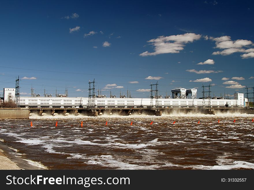 Hydroelectric power station in solar summer day. Russia. Perm.