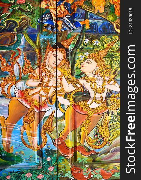 Thai style painting art on windows in thai temple