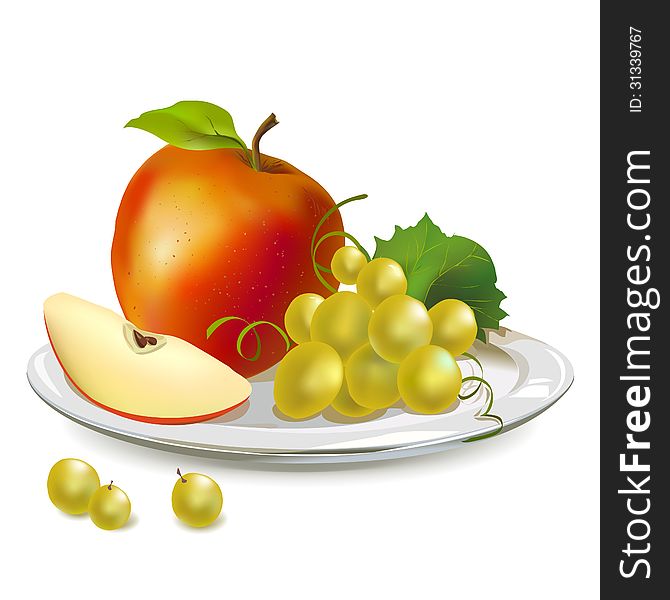 Still life with apples and grapes on a platter. Vector illustration