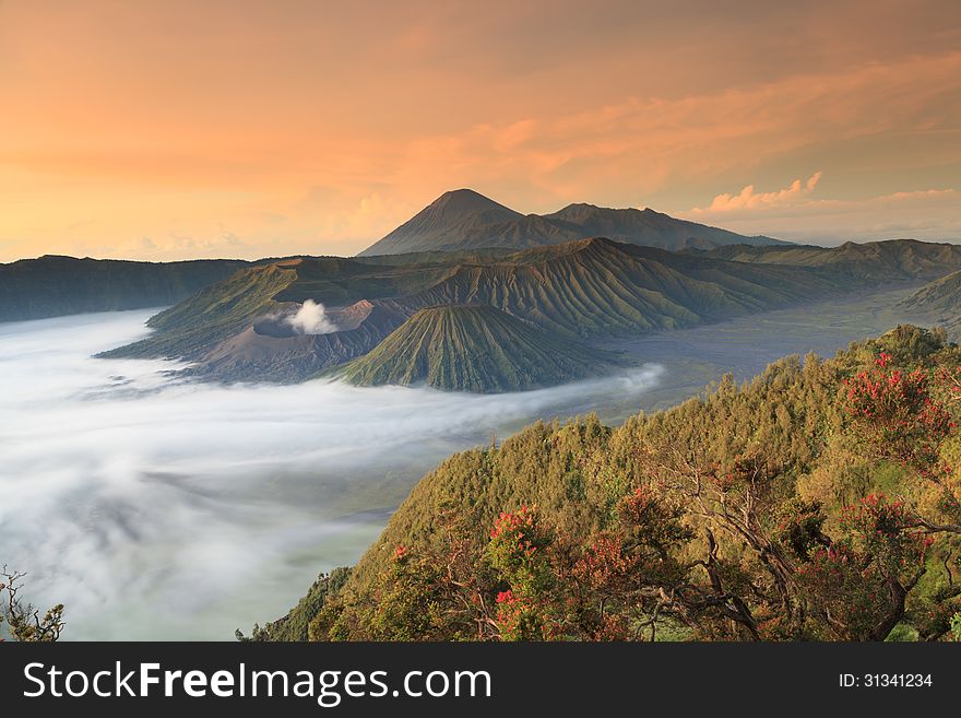 Bromo Mountain in Tengger Semeru National Park at sunrise