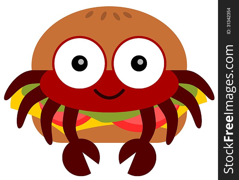 A cartoon illustration of a crab inside a burger. A cartoon illustration of a crab inside a burger