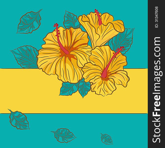 Background with yellow hibiscus and blue leaves. Background with yellow hibiscus and blue leaves