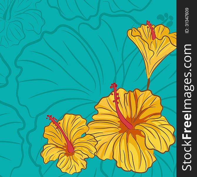 Blue Background With Yellow Hibiscus