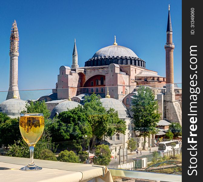 View of the Hagia Sophia from the restaurant, Istanbul, Turkey. Hagia Sophia is the greatest monument of Byzantine Culture and tourist attraction.