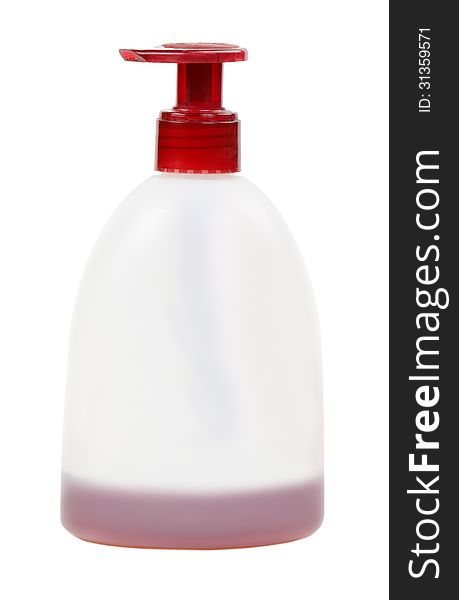 Cosmetic bottle with red cap on a white background