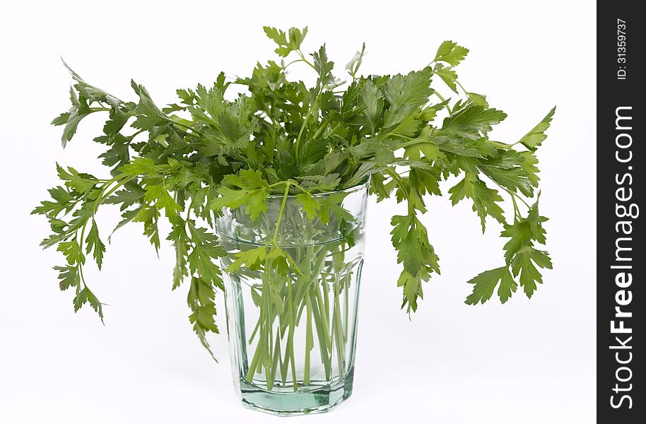 Bunch of fresh parsley in a green glass of water. Image isolated on white background.
