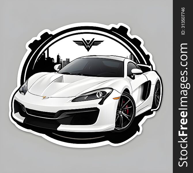 A sleek sticker featuring a white luxury car with a cityscape and logo in the background, encapsulated within an intricate black and white border.