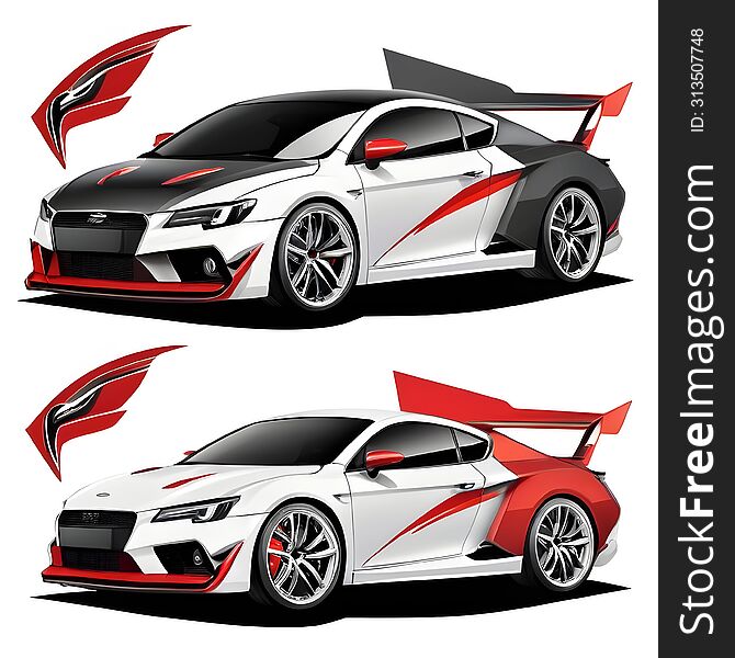Two illustrations of a sleek, modern racing car adorned with red and black accents that highlight its dynamic and aggressive design. The cars are depicted in different angles, showcasing their aerodynamic shapes and stylish appearance.