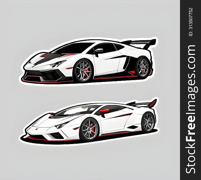 A Set Of Two High-quality Stickers Featuring Luxury Sports Cars In Dynamic Poses. The Cars Are Illustrated In White With Black And