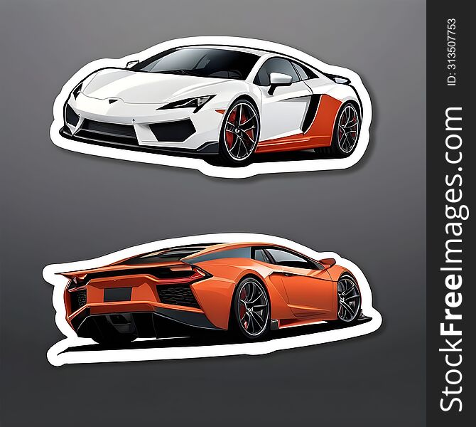 The Image Features Two Stickers Of Luxury Sports Cars. The Top Sticker Showcases A Sleek White Sports Car With Black And Red Detai