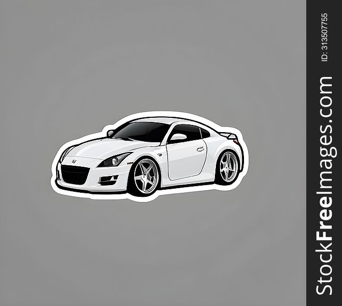 A stylish sticker featuring a sleek white sports car with a black roof, accentuated lines, and detailed rims. The car is outlined, making it pop against any background.
